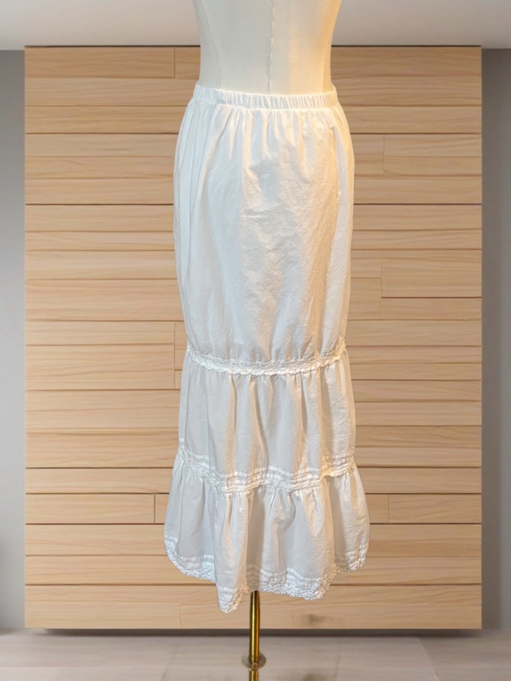 White Tiered Maxi Skirt Lace Trim Boho Cottagecore Coastal Elastic Waist XXL